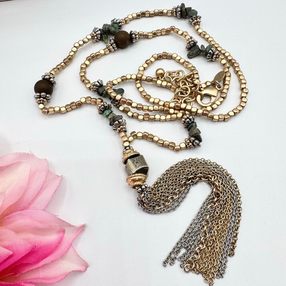 Chico’s Tassel Pendant Necklace Faux Turquoise Matte Gold Tone Bead Two Tone 34”